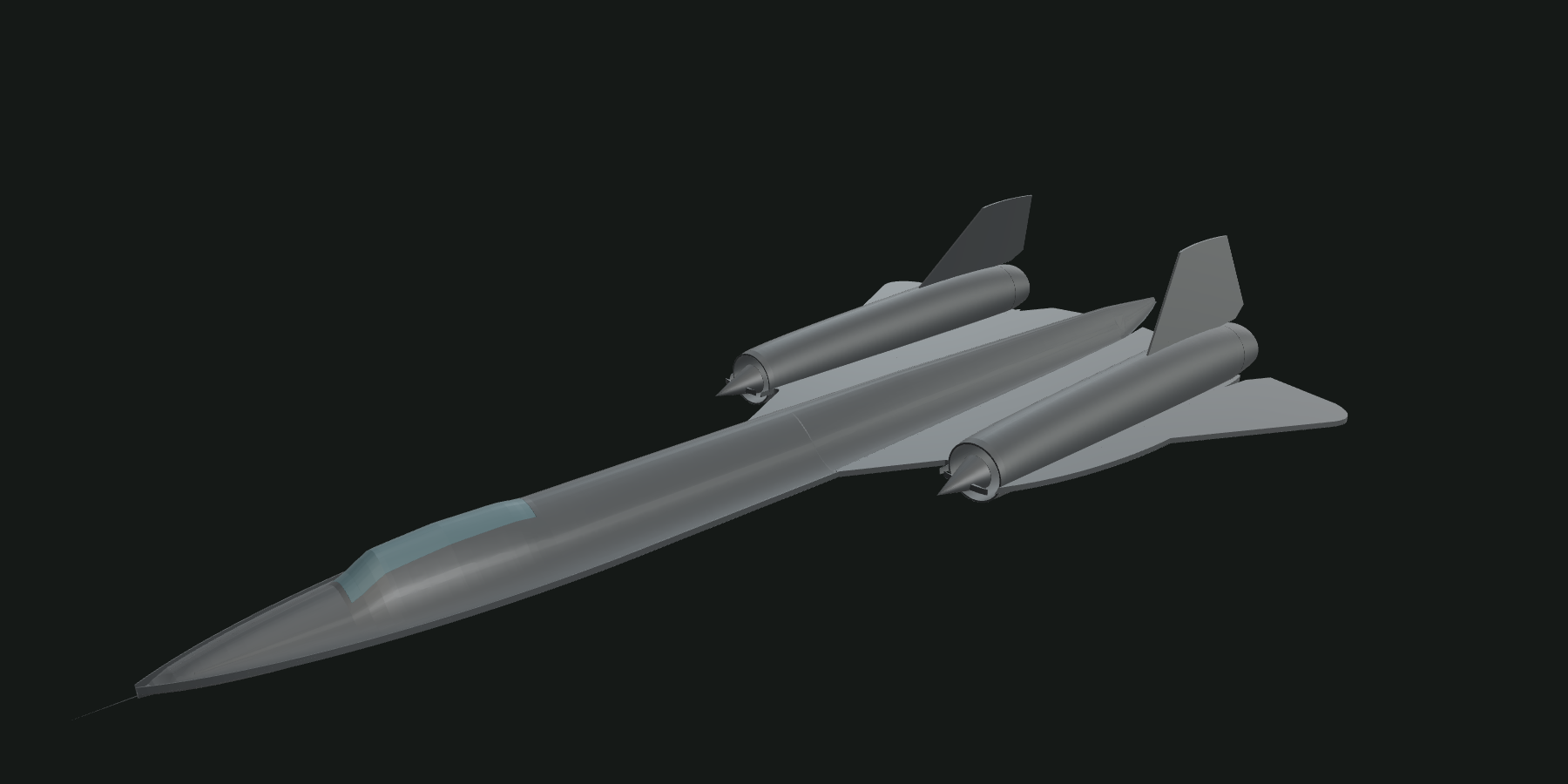 Oblique view of the current SR-71 CAD reconstruction, with a long forebody, two nacelles and twin fins.